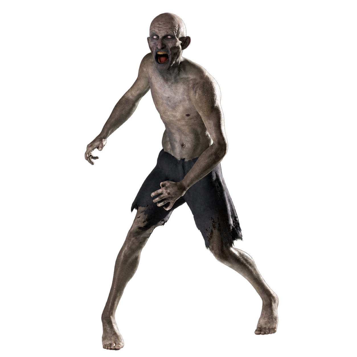 Three-quarter posed view of a bald zombie character on a white platform.